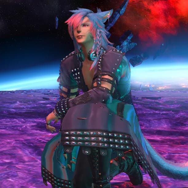 Criss Solas, blue and pink hair, braided messy long hair with fringe (bangs), teal and violet open jacket, black slacks, kneeling, purple floor.