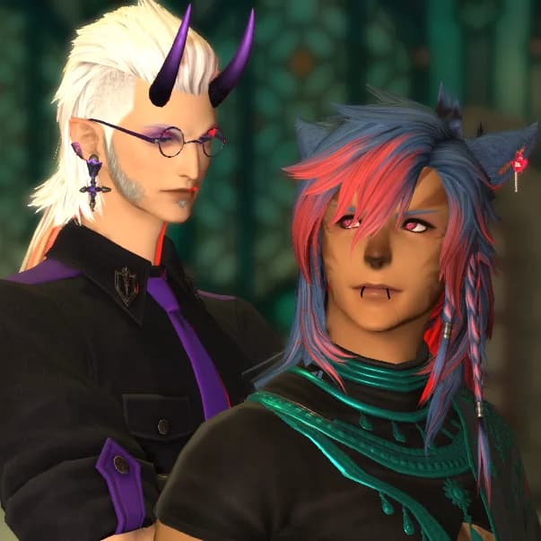 Criss Solas and Angel Of'The'Night, Angel is a white/light blonde haired Elezen with assumed blue-violet eyes. Criss's appearance is, blue and pink hair, braided messy long hair with fringe (bangs), Criss is wearing the Story Teller's crop top dyed with black and teal, and Angel is wearing the Night of Devilry outfit in standard purple hues.