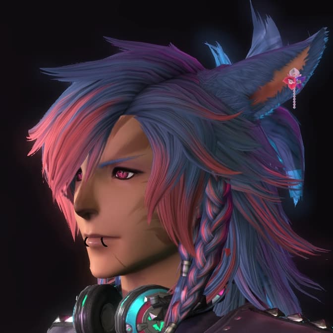 Criss Solas, blue and pink hair, braided messy long hair with fringe (bangs), miqo'te, red eyes, teal and violet open jacket.