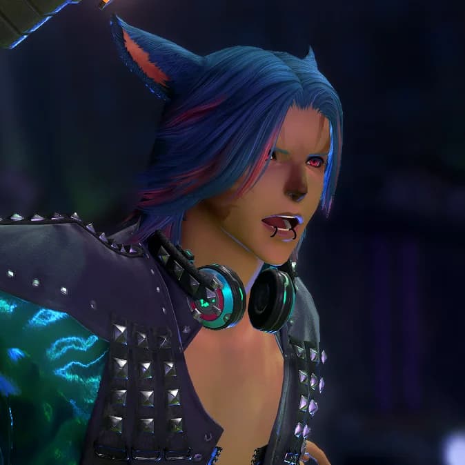 Criss Solas, blue and pink hair, mid length hair, miqo'te, red eyes, teal and violet open jacket,