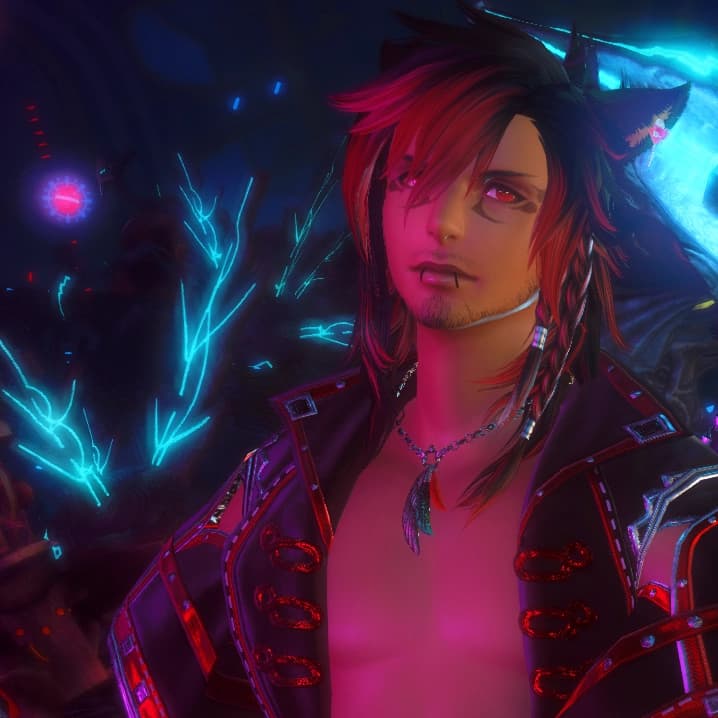 Kay Solas, black and red hair miqo'te, red eyes, red and black open jacket.