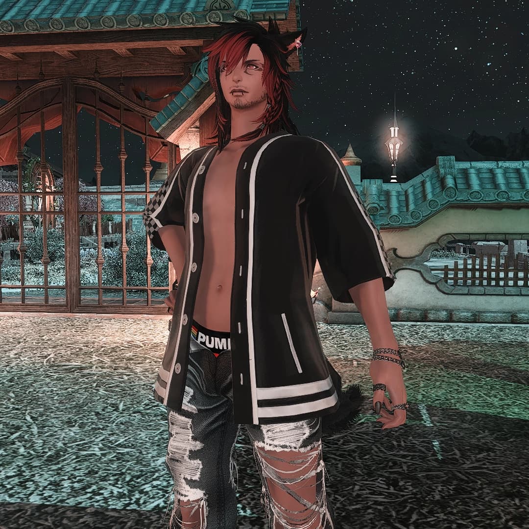 Kay Solas Viper Outfit, black and red hair, miqo'te, red eyes, baseball jacket with no undershirt, torn jeans and ripped knees.