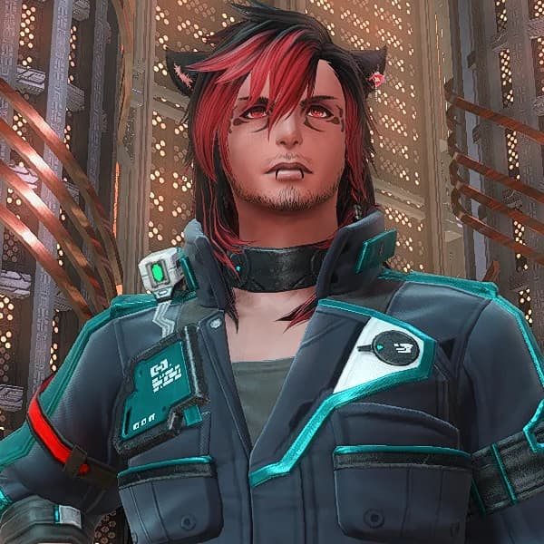 Kay Solas Astrologian Outfit, black and red hair, miqo'te, red eyes, cosmic exploration tech gear.